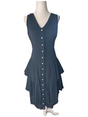 1990s Nicole Miller Black Tank V Neck Tiered Button Up Dress Size 8